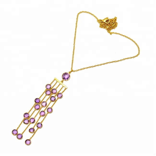 Gold Plated Silver Amethyst Dangling Chain Necklace Supplier