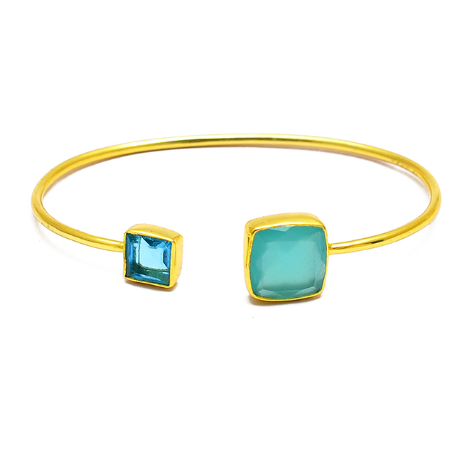 Square Topaz Chalcedony Gemstone Silver Gold Adjustable Bangle Exporter