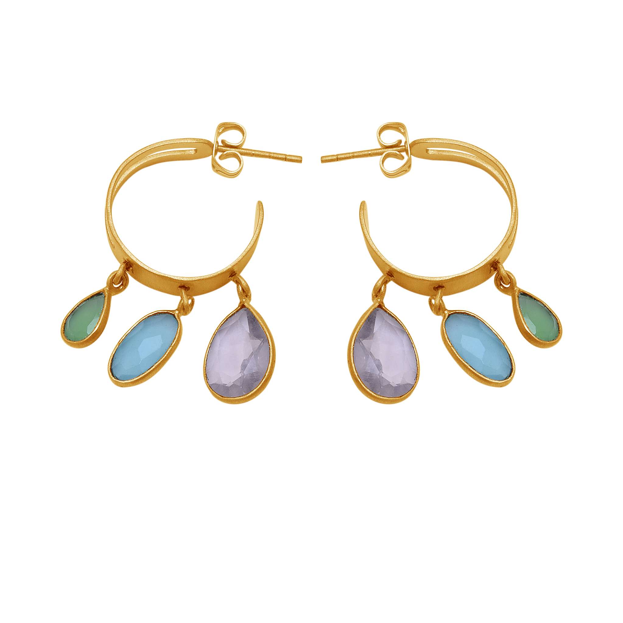 Rose Aqua Prehnite Chalcedony Gemstone Gold Plated Silver Hoop Earrings Exporter