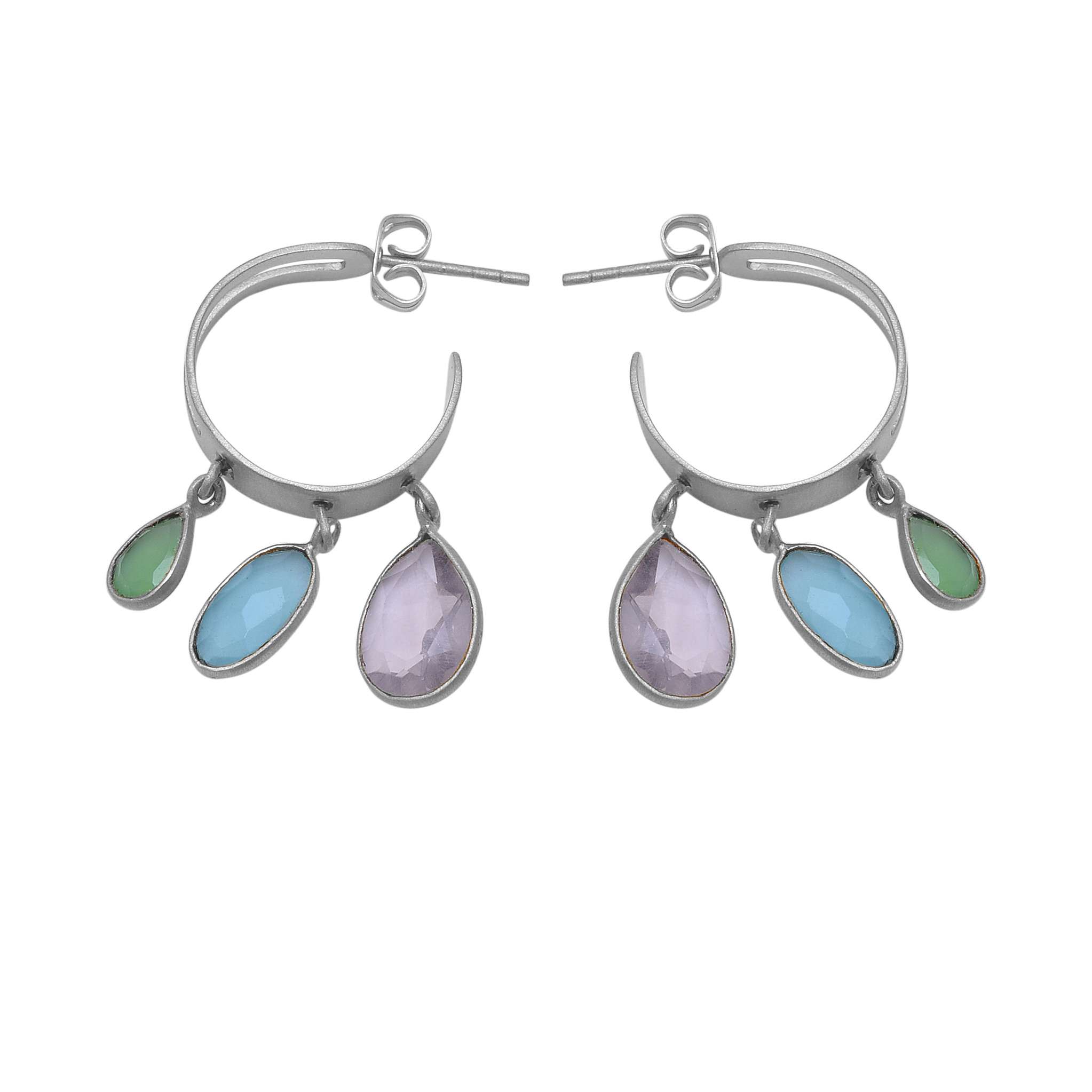 Rose Aqua Prehnite Chalcedony Gemstone Gold Plated Silver Hoop Earrings Exporter