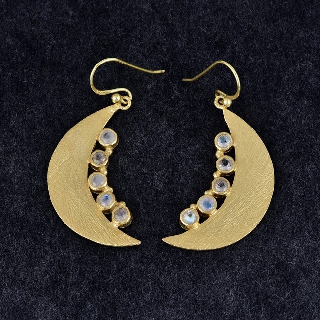 Rainbow Moonstone 925 Silver gold plated Half Moon Earrings Exporter