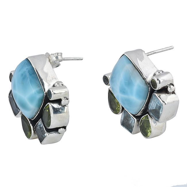 Larimar Blue Topaz Peridot Multi Shape Gemstone Silver Stud Earrings Exporter