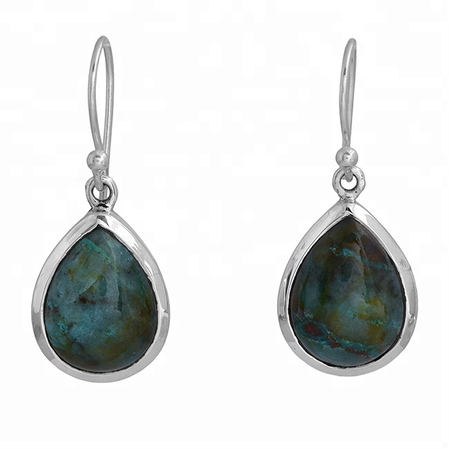 Green Pear Bloodstone Gemstone Silver Earrings Exporter