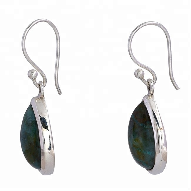 Green Pear Bloodstone Gemstone Silver Earrings Exporter