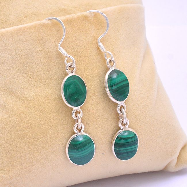 Green Malachite Silver Dangle Gemstone Earrings Exporter