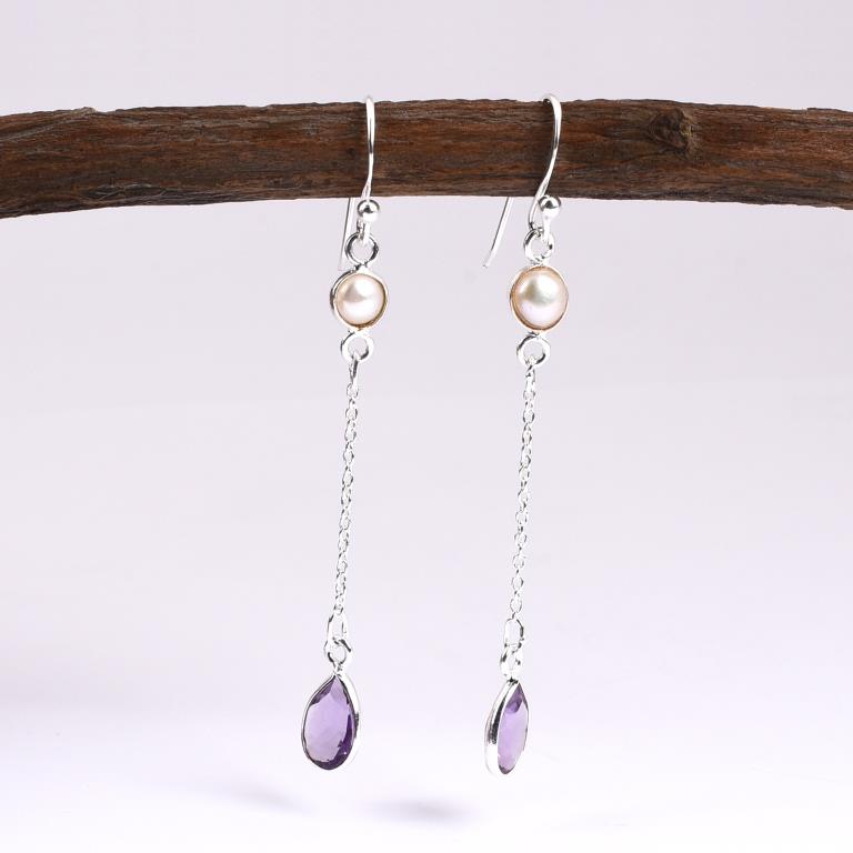 Purple Amethyst Gemstone Sterling Silver Dangle Earrings Exporter