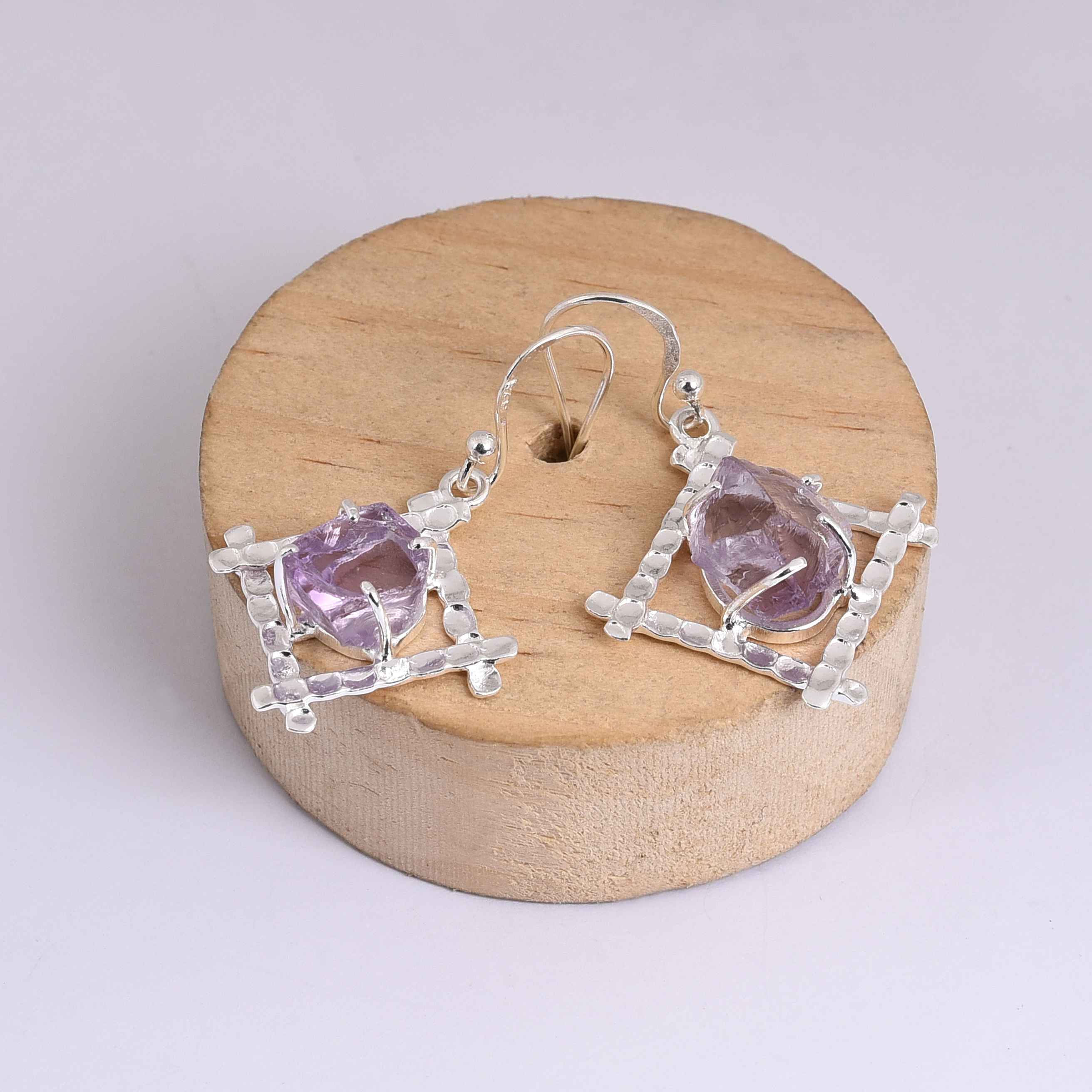 Rough Amethyst Gemstone Silver Dangle Earrings Exporter