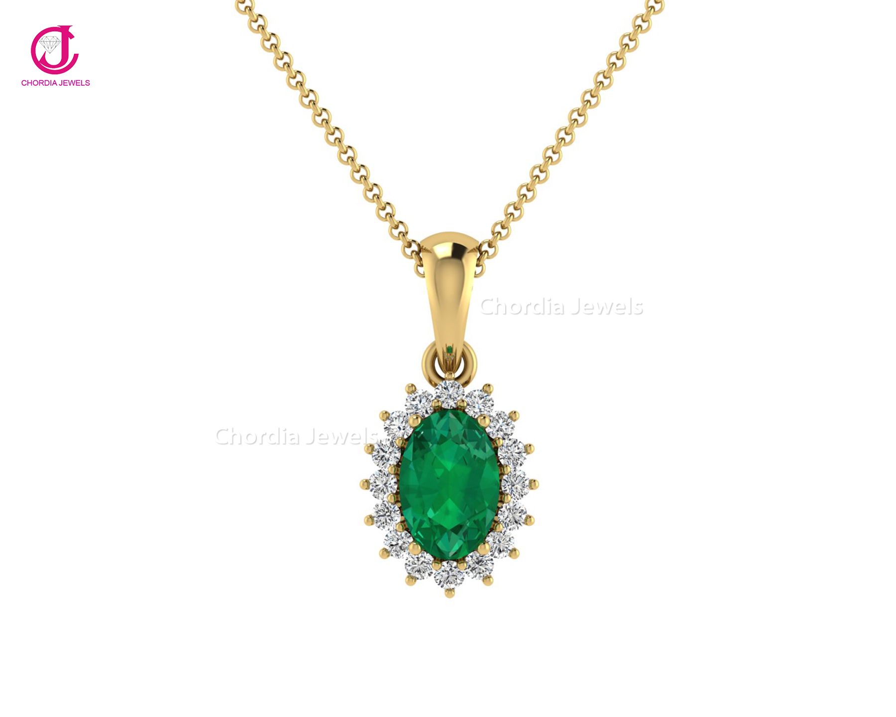 Certified Pendent, 14K Yellow Gold Pendant Studded With Genuine Emerald Exporter