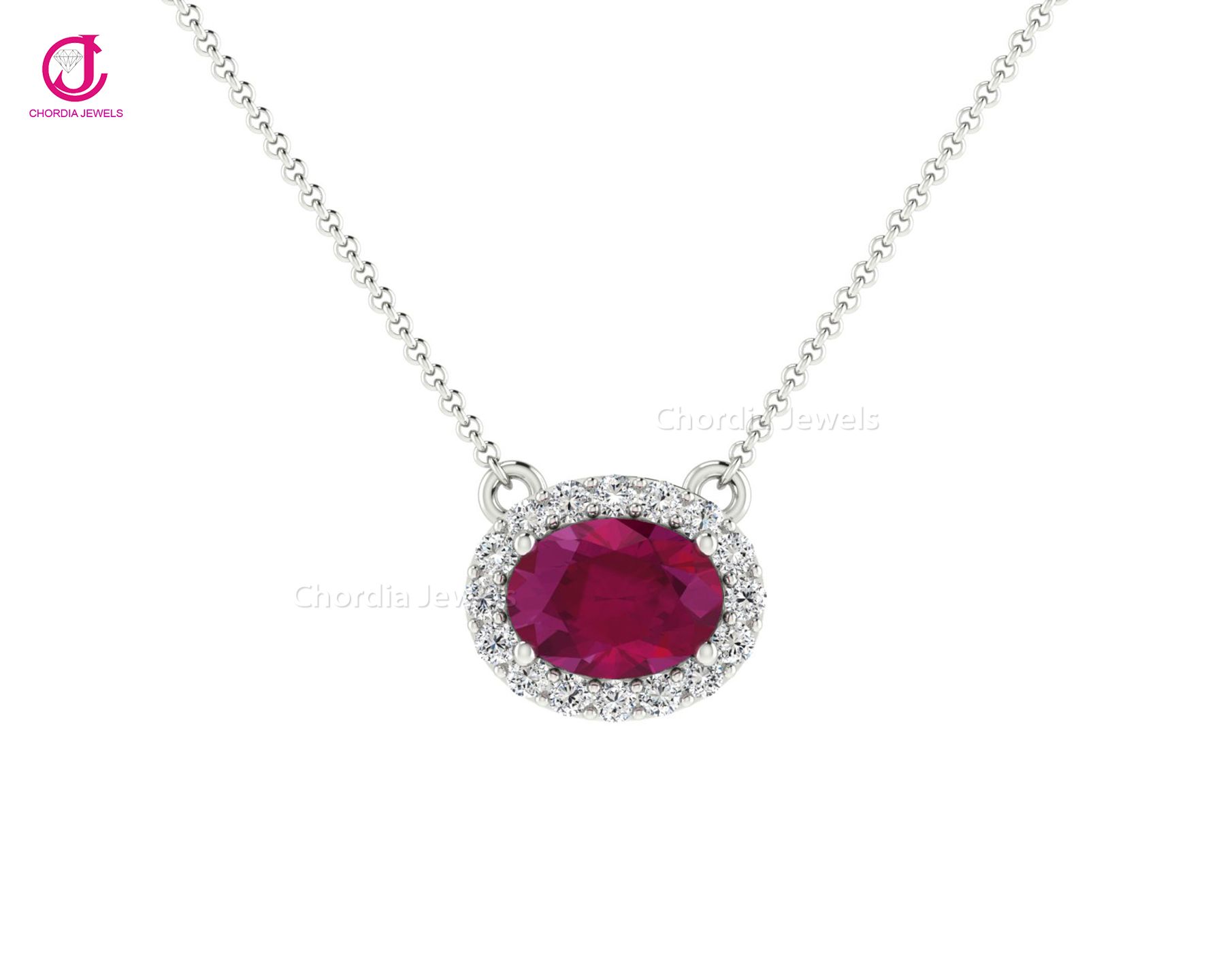 White Gold Halo Necklace 100% Natural Ruby & Diamond Certified Jewelry Exporter