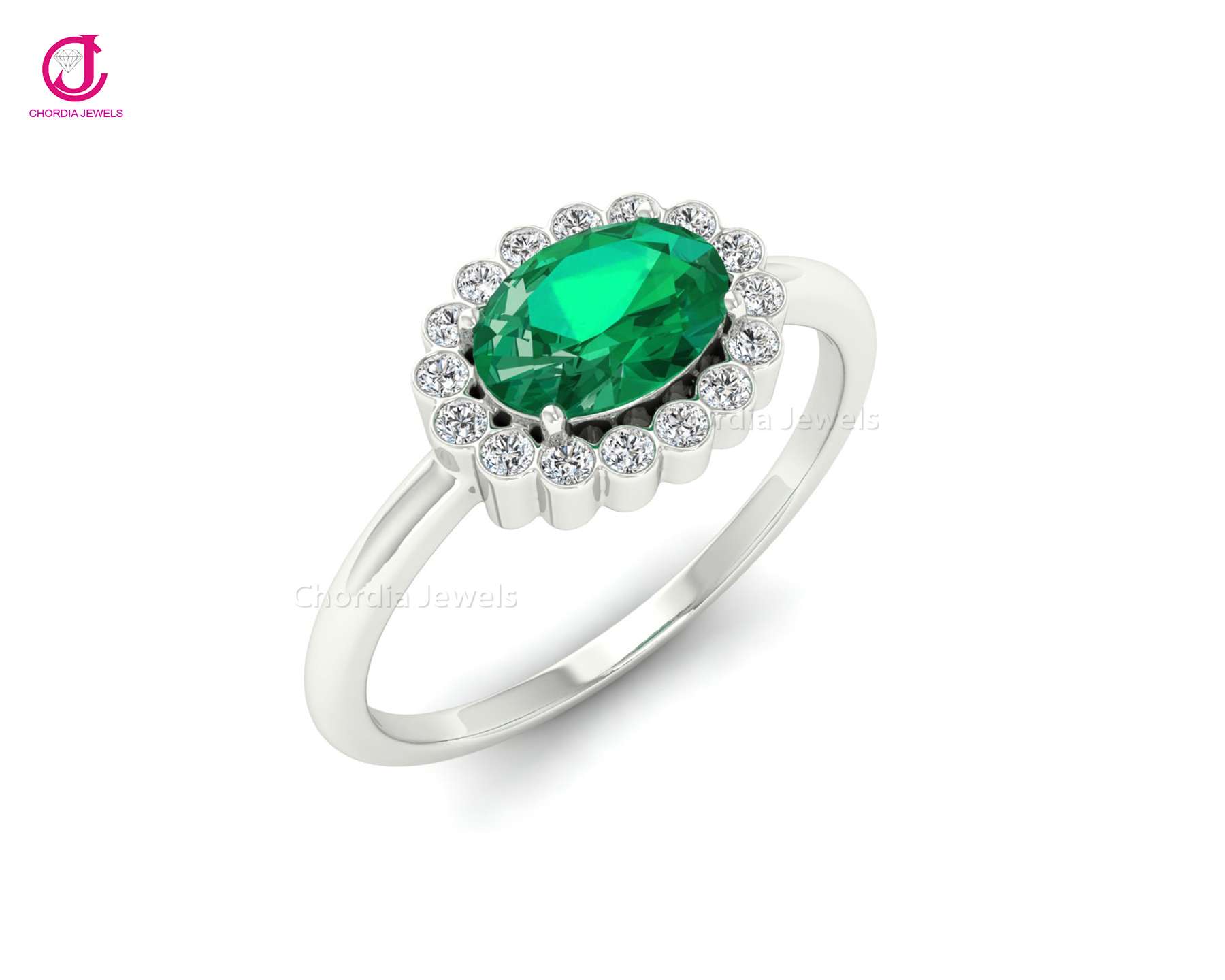 14K White Gold Ring Studded With Natural Emerald & Diamond Exporter