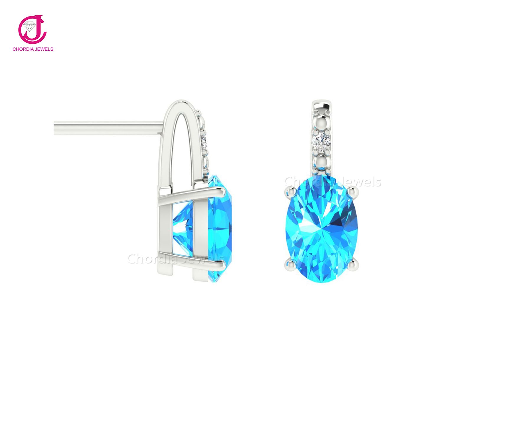 Elegance Studs White Gold Earring With  Swiss Blue Topaz & Diamond Exporter