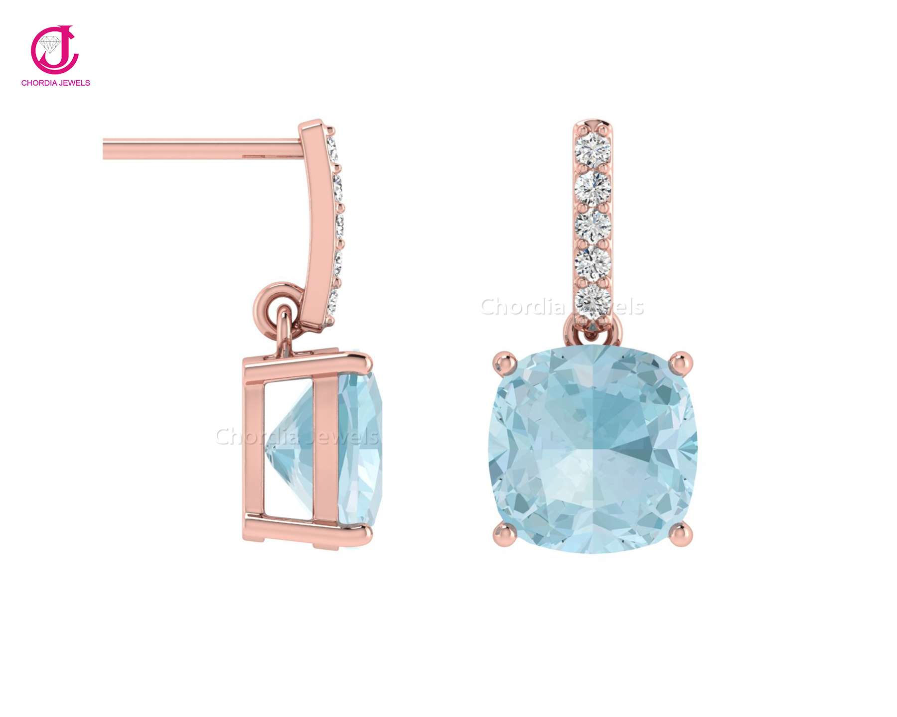 Rose Gold Dainty Earring With Natural Aquamarine & Diamond For Girls Exporter
