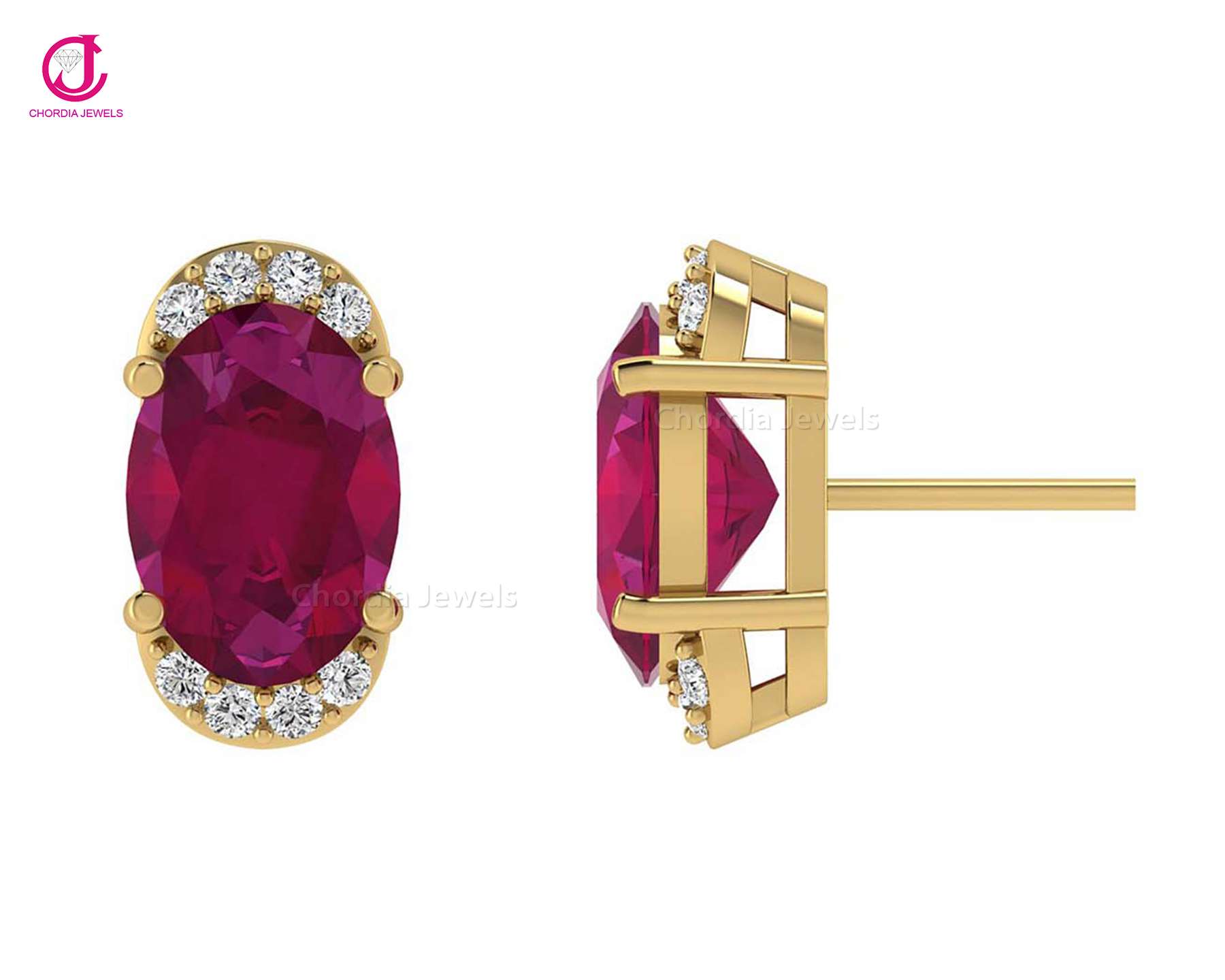 Ruby & Diamond Yellow Gold Earring Semi Halo Studs Certified Jewelry Exporter