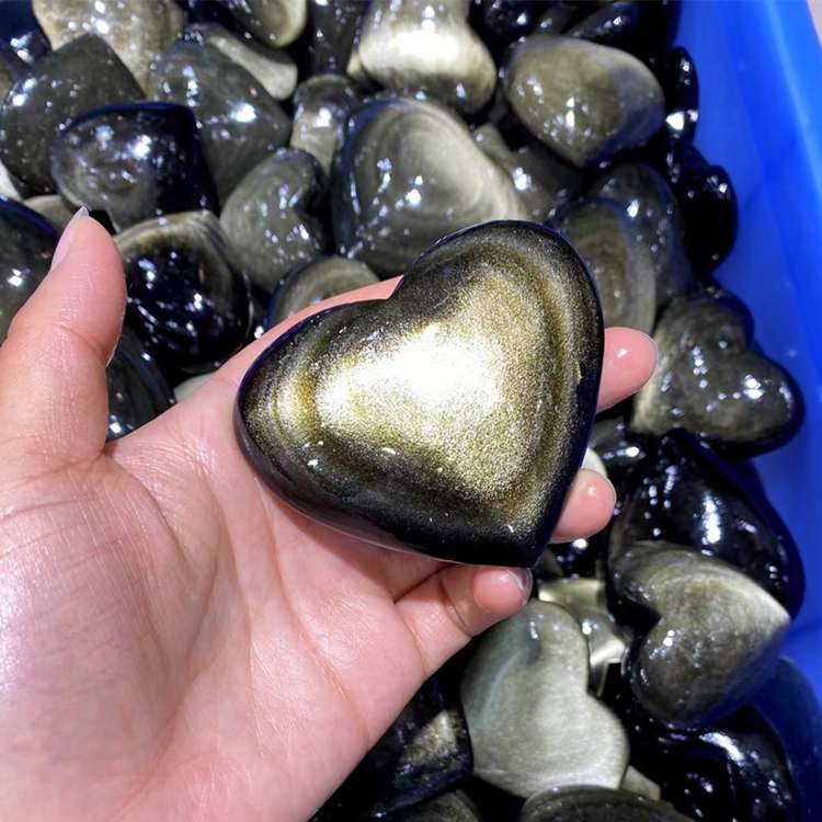 Wholesale Real Crystal Heart Natural Gemstone Puffy Heart Gold Healing