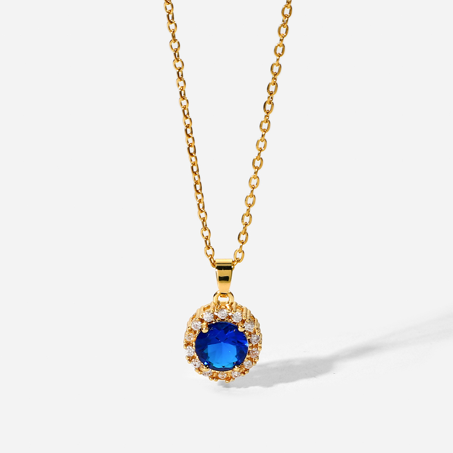 18K Gold Plated Stainless Steel Klein Blue Round Cubic Zircon Pendant Wholesaler