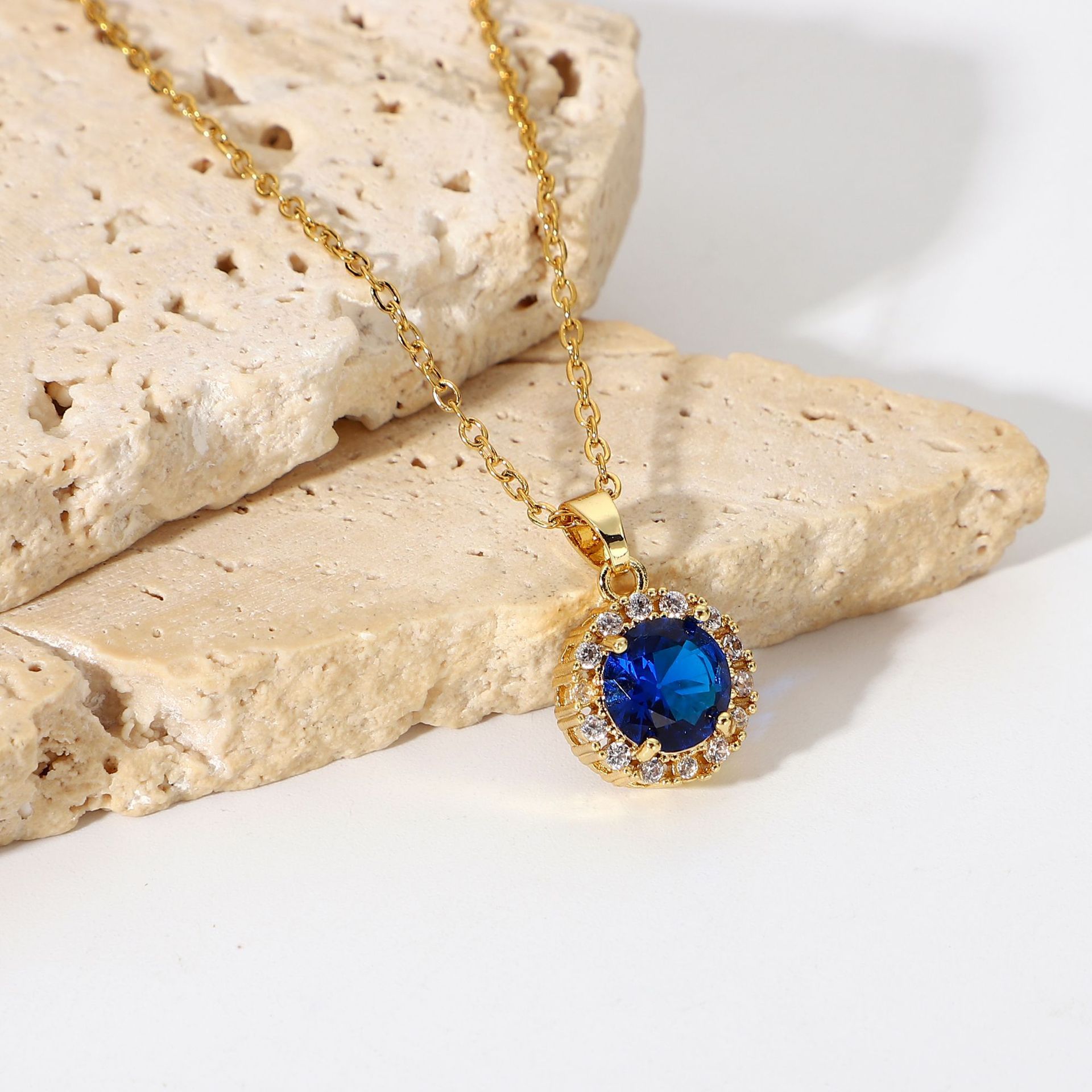 18K Gold Plated Stainless Steel Klein Blue Round Cubic Zircon Pendant Wholesaler