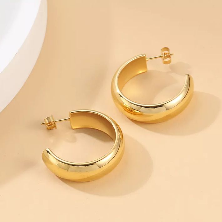 18K Gold Plated Stainless Steel Wide Size C Shape Earrings Wholesaler