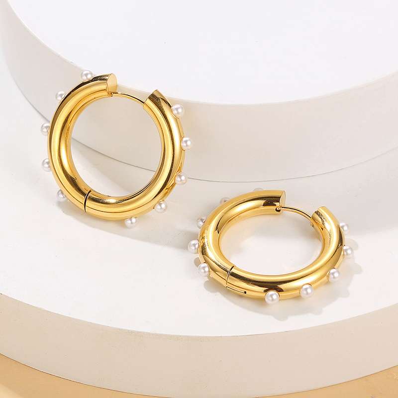 Stainless Steel 18K Gold Plated Pearl Hoop Earrings Wholesaler