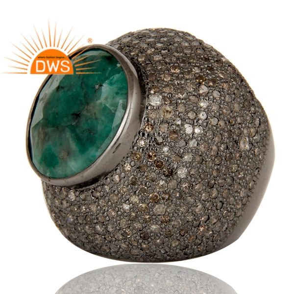 Handmade Sterling Silver Natural Emerald Pave Diamond Ring Exporter
