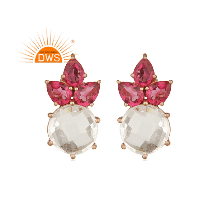 Natural Crystal Quartz & Pink Corundum Gemstone Earring Wholesaler