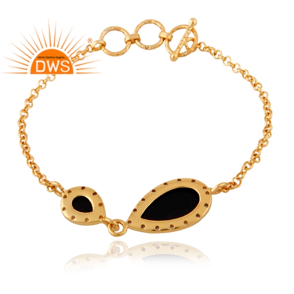 925 Silver Gold Plated Natural White Topaz Black Onyx Gemstone Bracelet Exporter