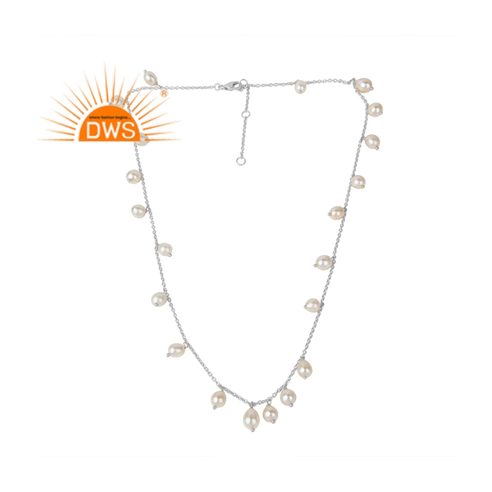 925 Silver White Rhodium Plated White Pearl Gemstone Necklace Exporter