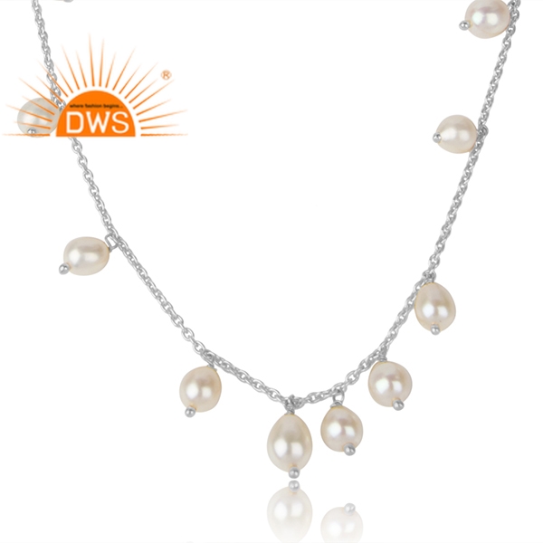 925 Silver White Rhodium Plated White Pearl Gemstone Necklace Exporter