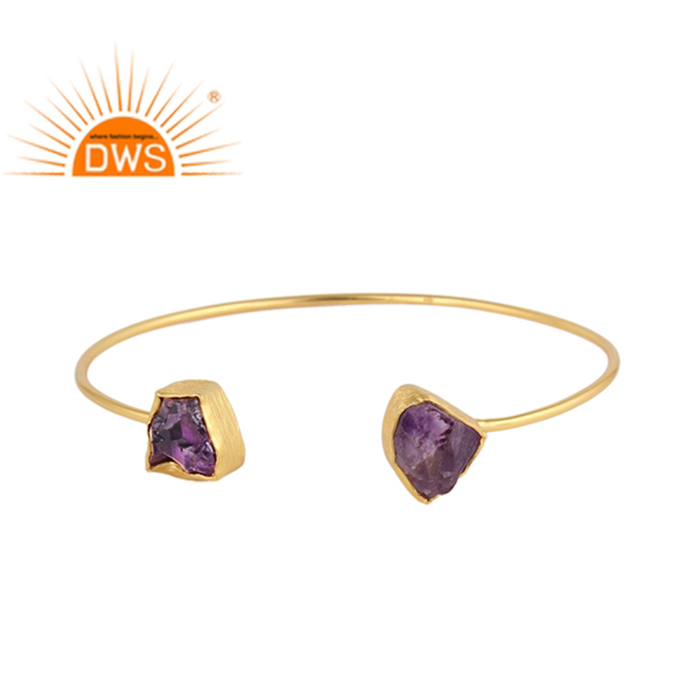 925 Silver Gold Plated Natural Rough Amethyst Gemstone Cuff Bracelet Exporter