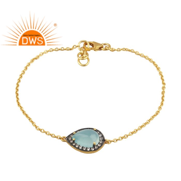 925 Silver Gold Plated Aqua Chalcedony Gemstone Bracelet Supplier