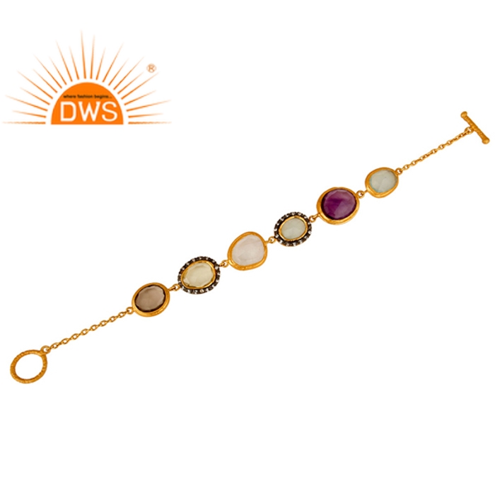 925 Silver Gold Plated Exquisite Multi Gemstone Chain Bracelet Exporter