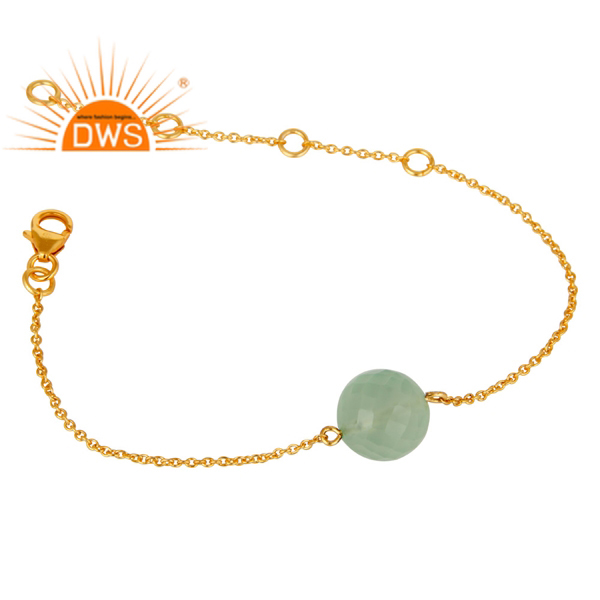 925 Silver Gold Plated Prehnite Chalcedony Gemstone Chain Bracelet Exporter