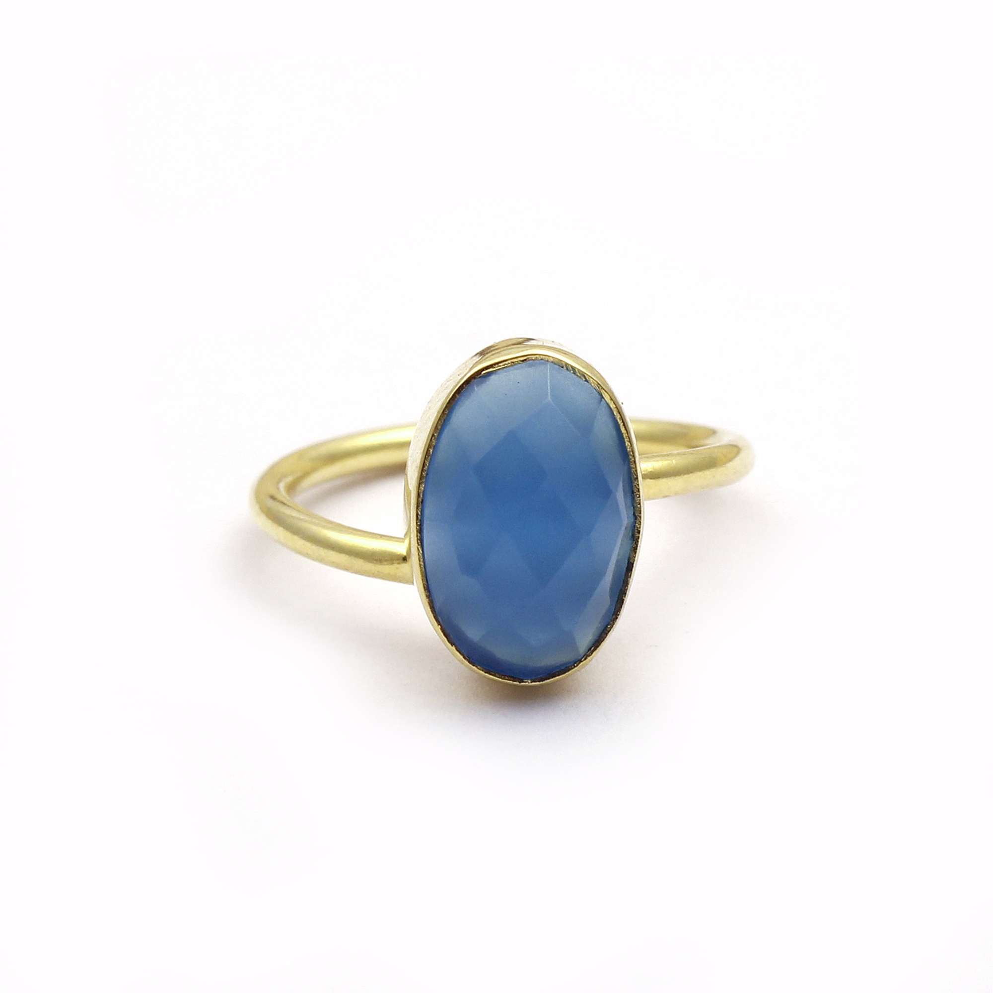 Oval blue chalcedony gemstone ring electroplating professional Supplier