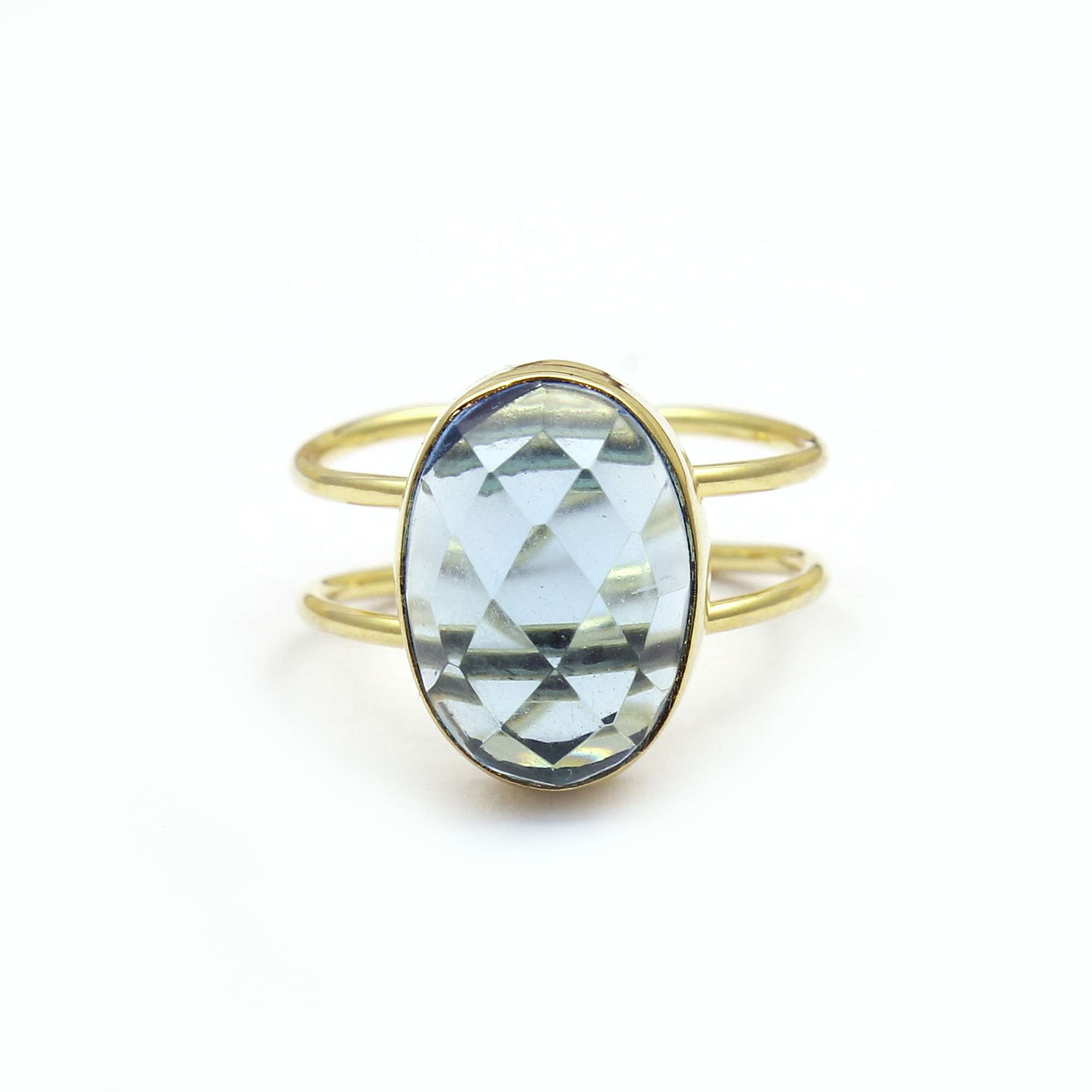 Genuine blue topaz stone round shape ring brass gold plated ring Supplier