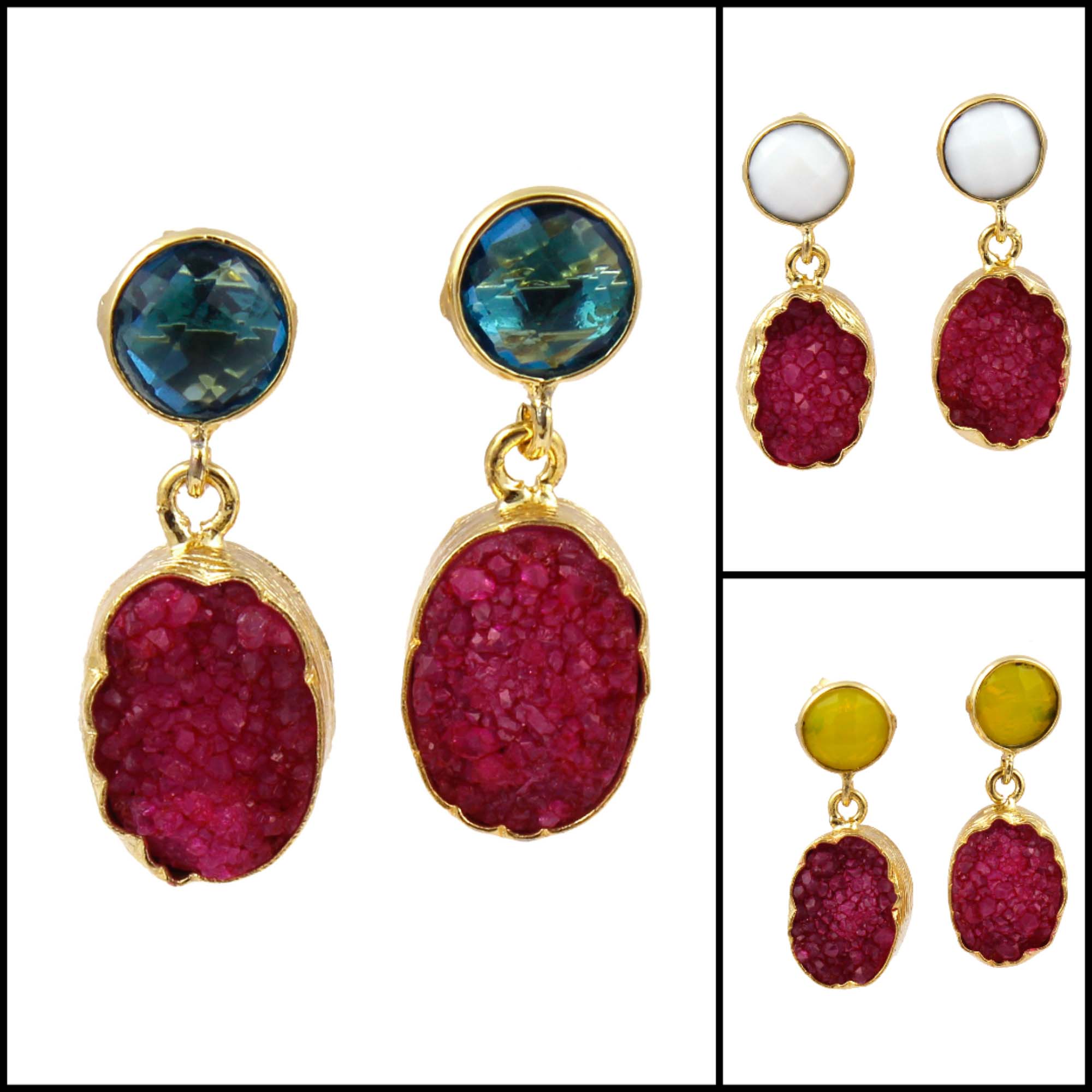 Wholesale design oval shape natural sugar durzi & agate 24k gold plated Earrings