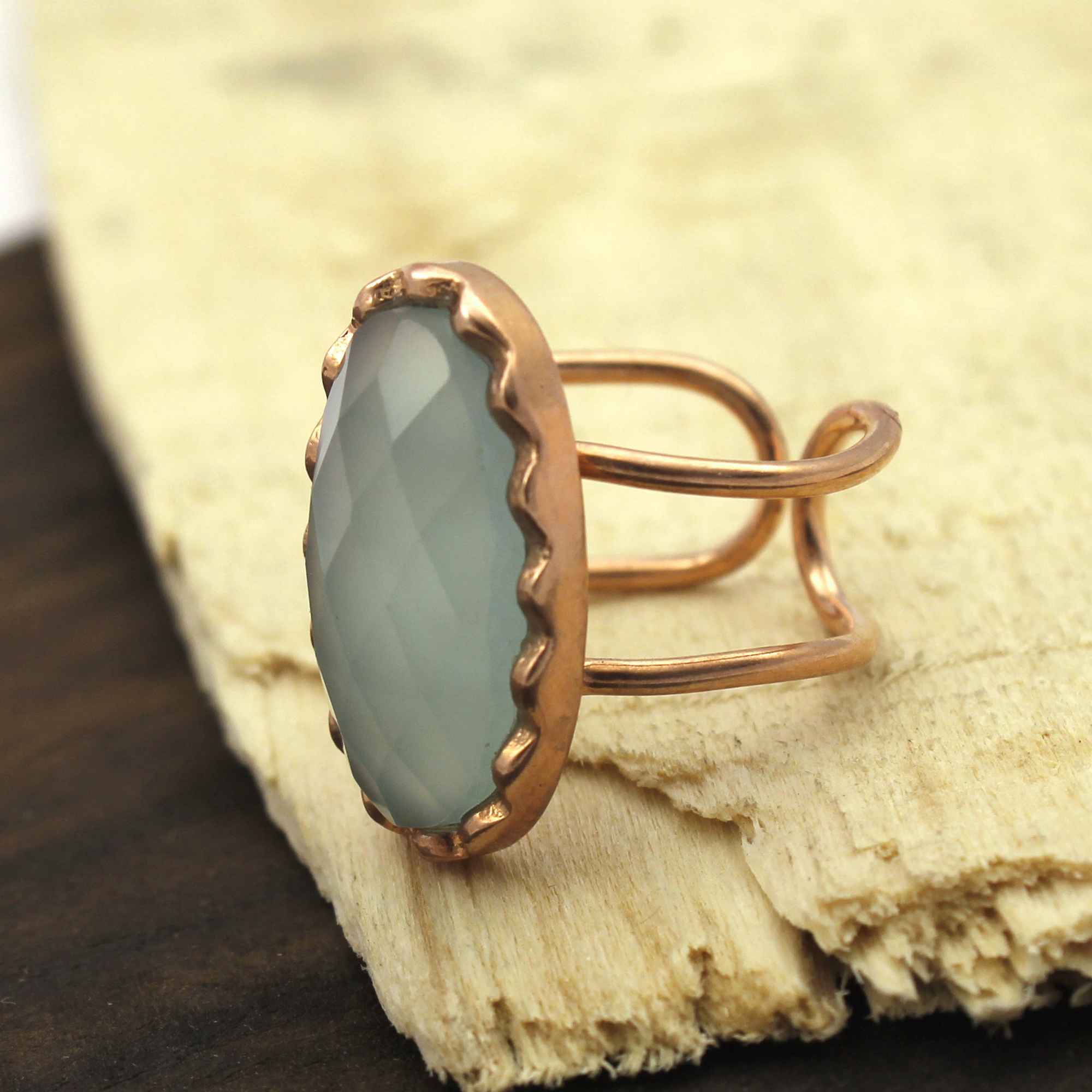 Rose gold plated Aqua chalcedony oval cut gemstone ring Manufacturer