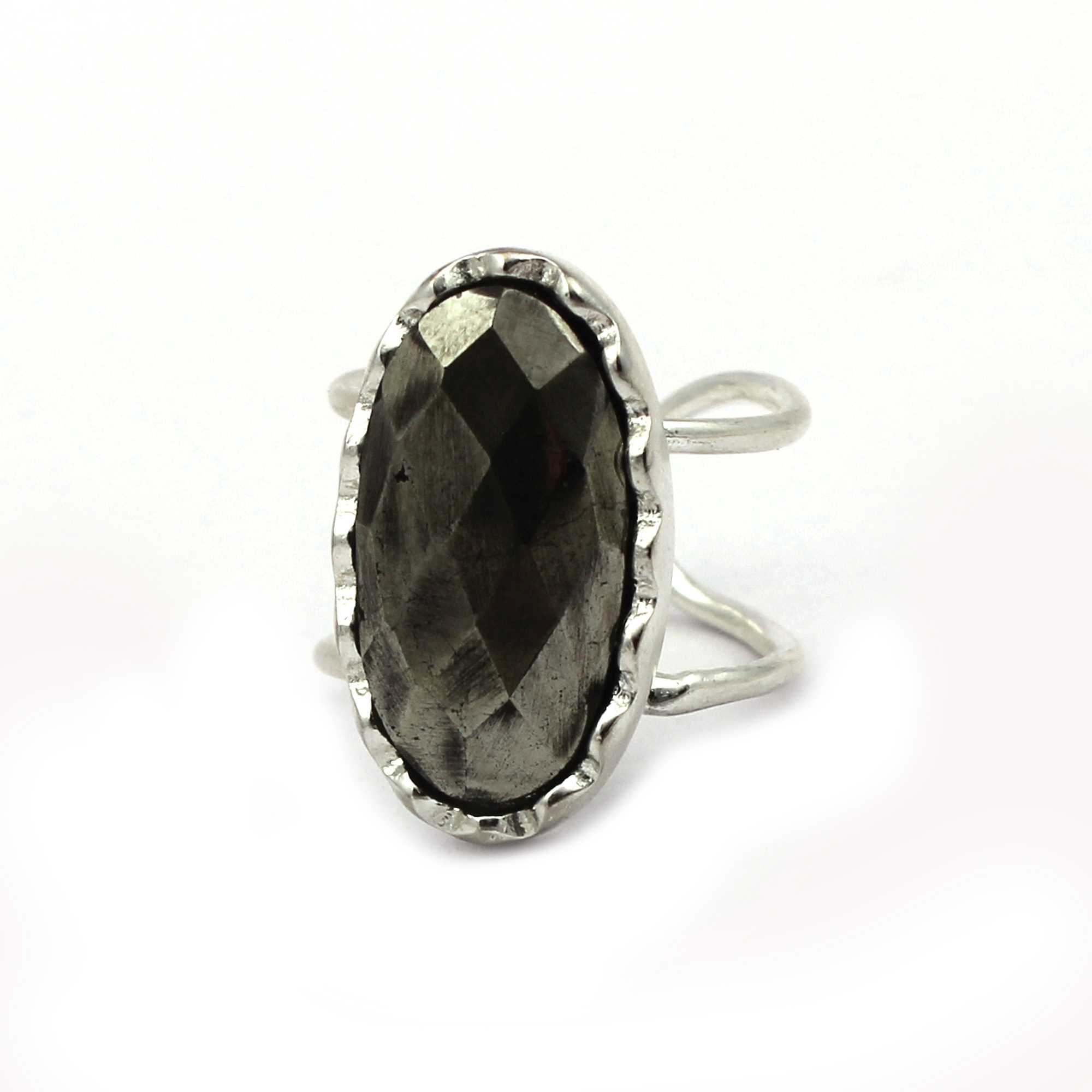Women Pyrite long oval checker cut gemstone silver plated ring Manufacturer