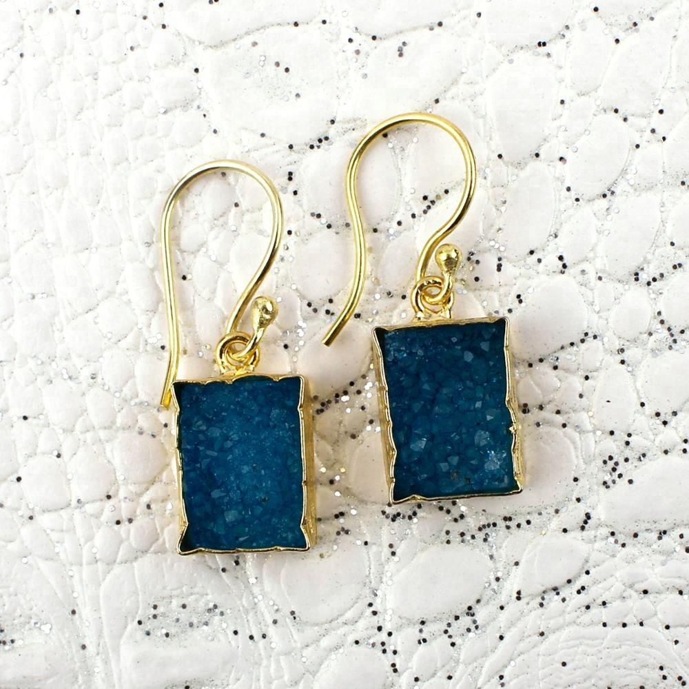 Agate Druze Gemstone Gold Electroplated Rectangle Shape Hook Earrings  Vendor