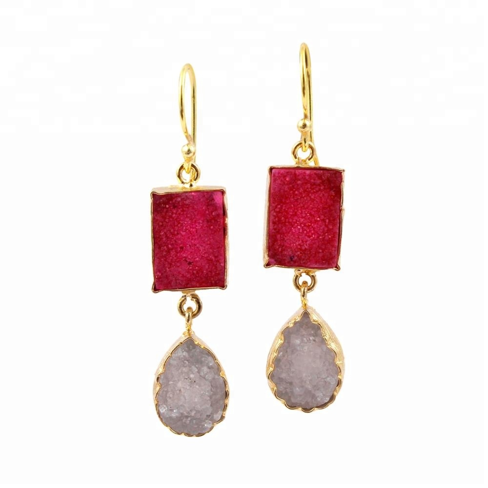 Natural white red Agate durzi gemstone gold plated drop & dangle Earrin Exporter