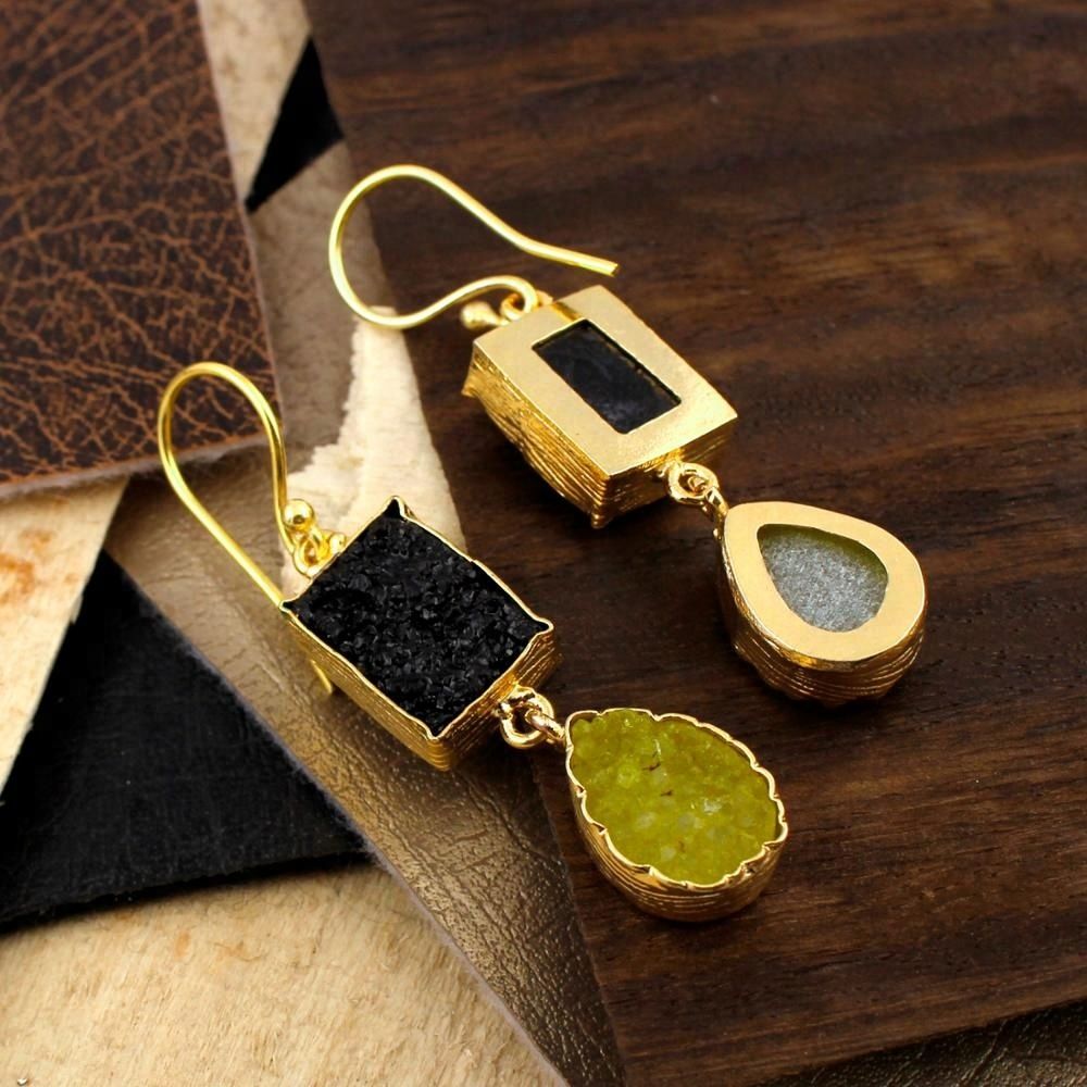 Natural agate durzi gold plated bezel gemstone fashion hook earrings Supplier