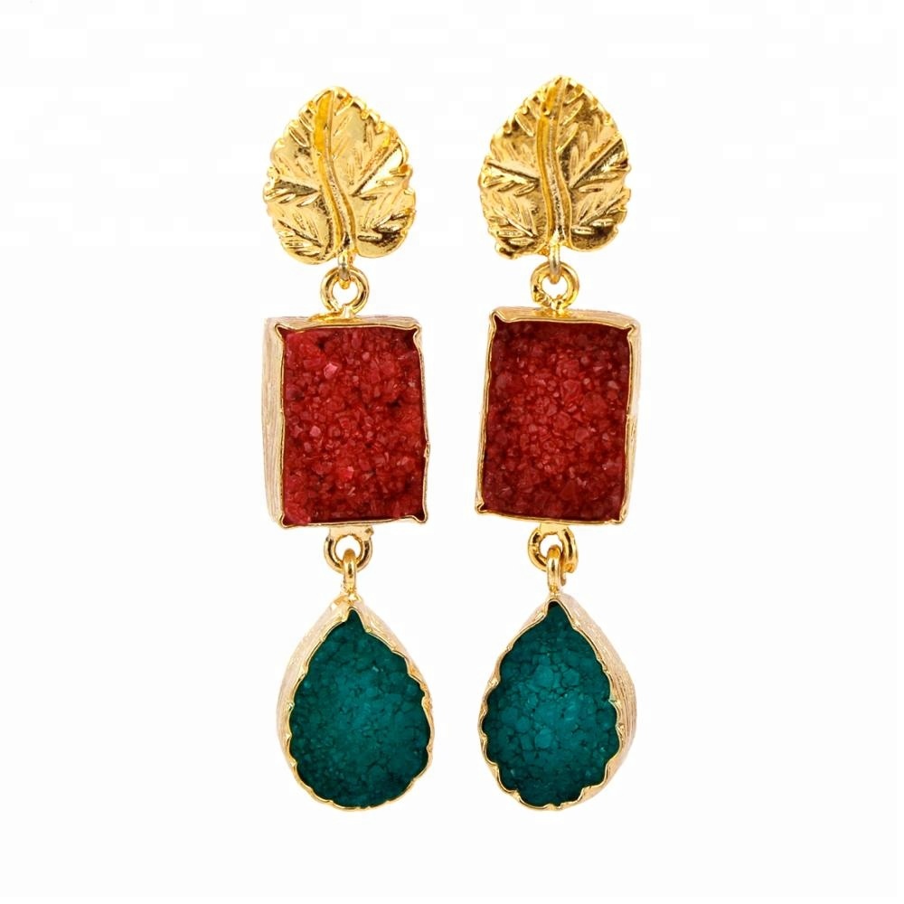 New Design Natural Red / Green Agate Druze Gemstone Gold Plated Drop  Vendor