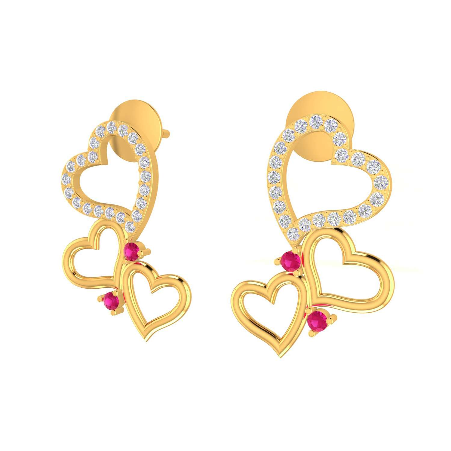 18k Gold Pave Diamond Ruby Gemstone Three Heart Design Stud Earring Manufacturer