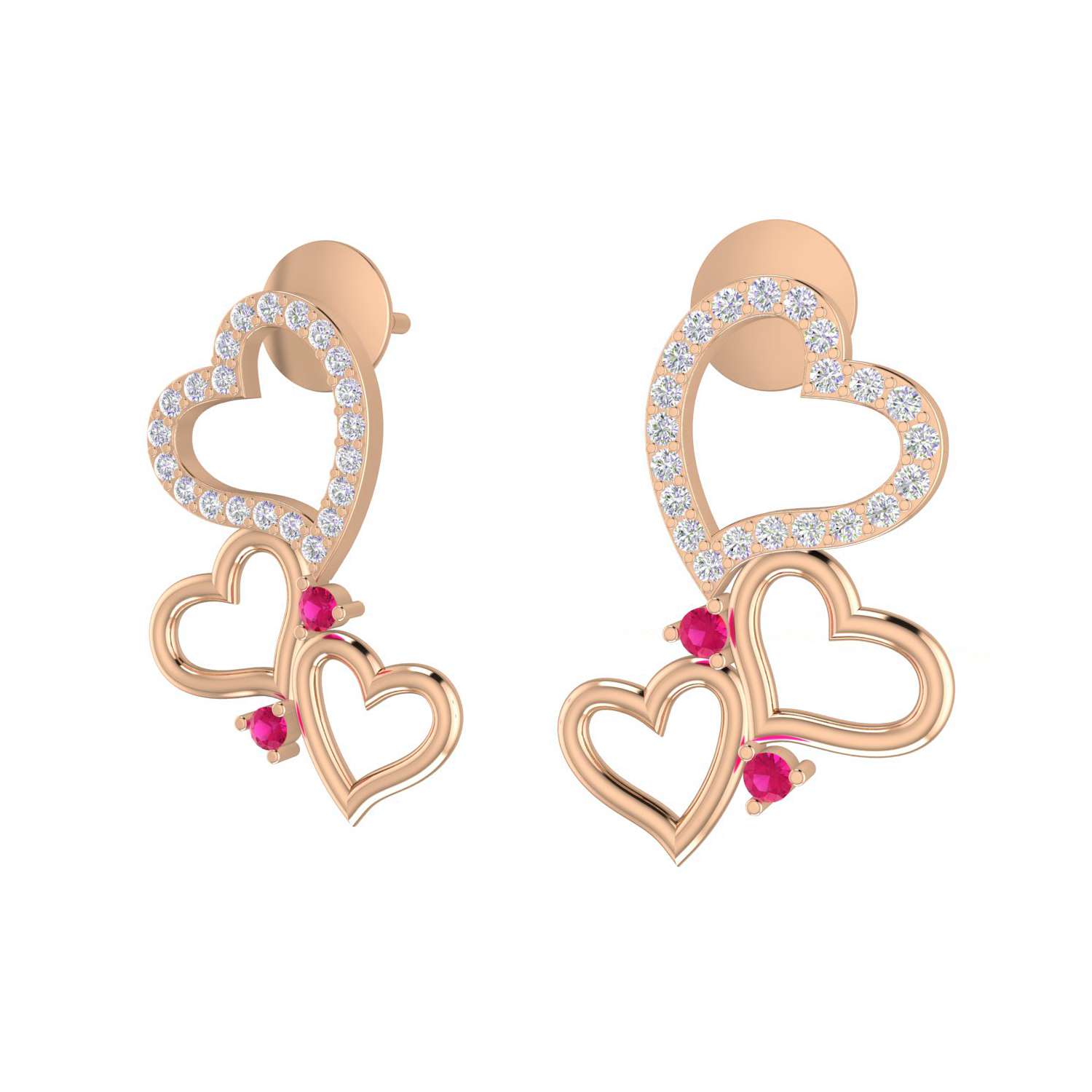 18k Gold Pave Diamond Ruby Gemstone Three Heart Design Stud Earring Manufacturer