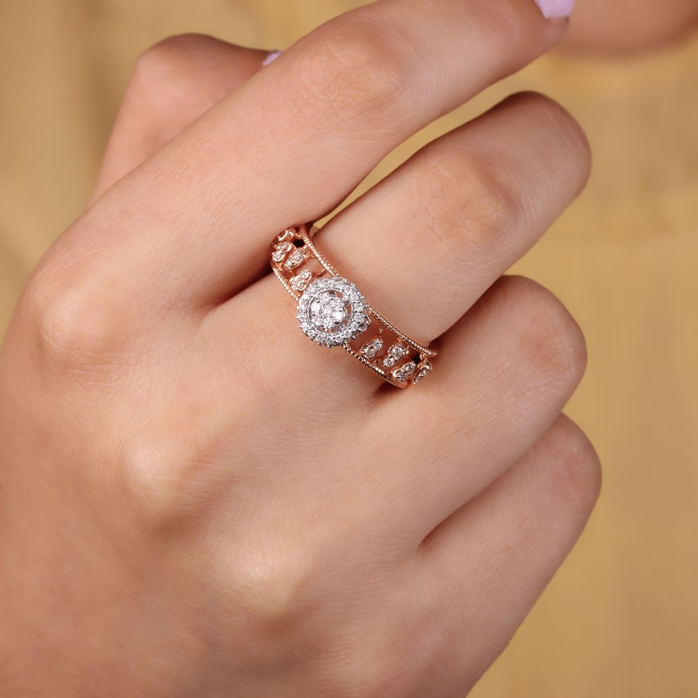 Pave Diamond Real 14k Two Tone Gold Engagement Floral Ring Jewelry Supplier