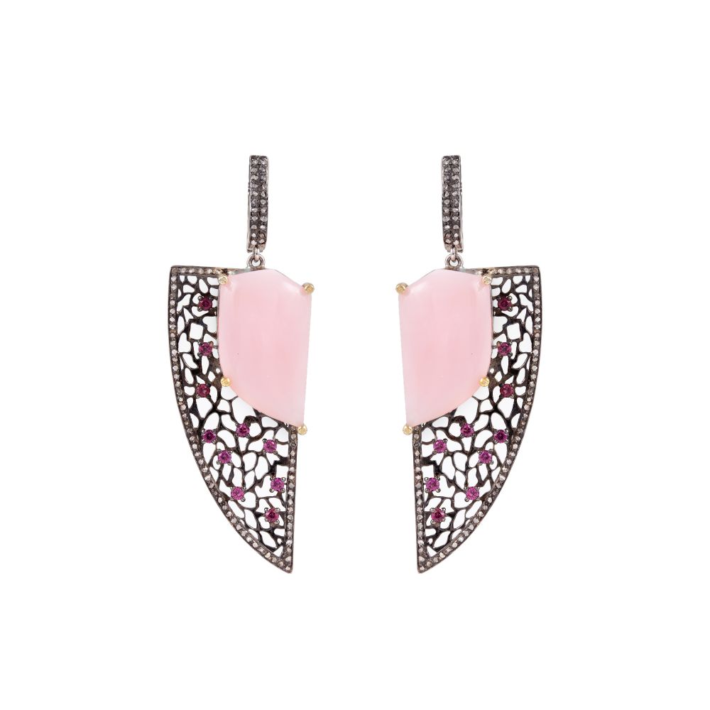 Real 925 Silver Diamond Rhodolite Pink Opal Gemstone Dangle Earrings Supplier
