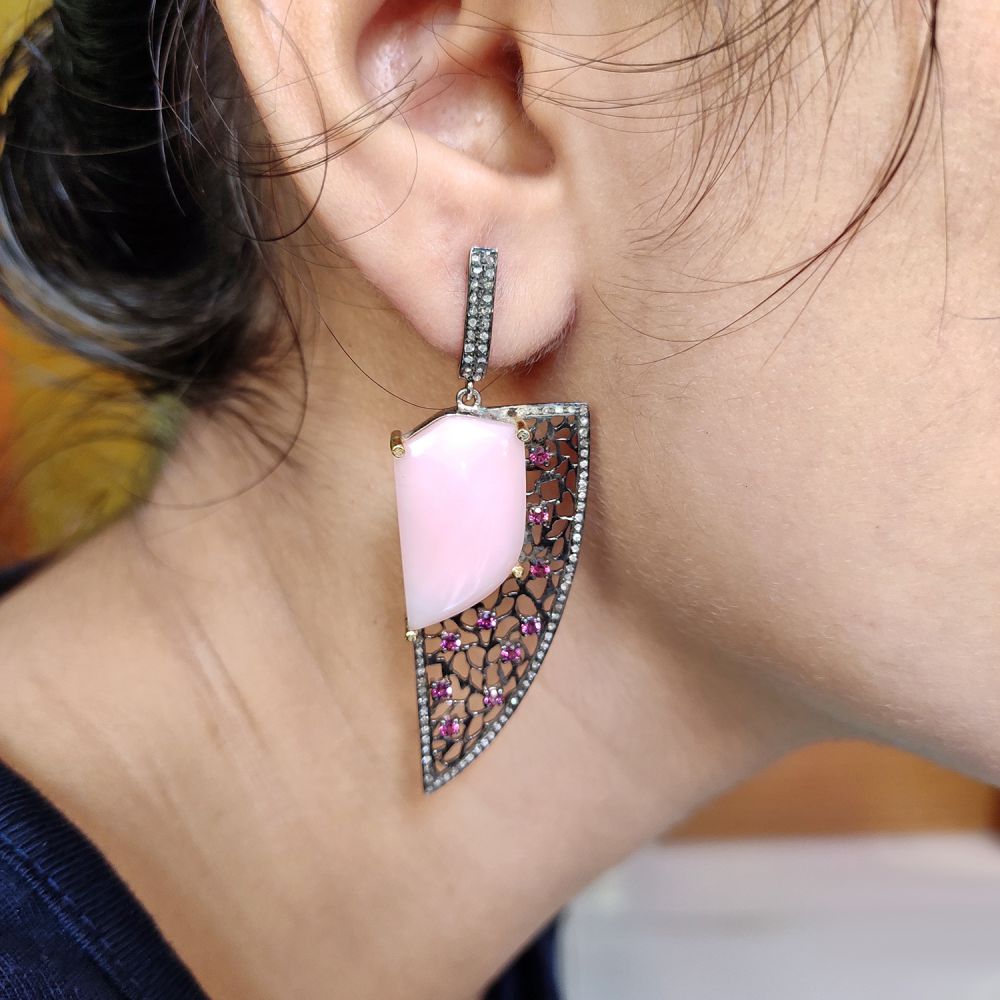 Real 925 Silver Diamond Rhodolite Pink Opal Gemstone Dangle Earrings Supplier