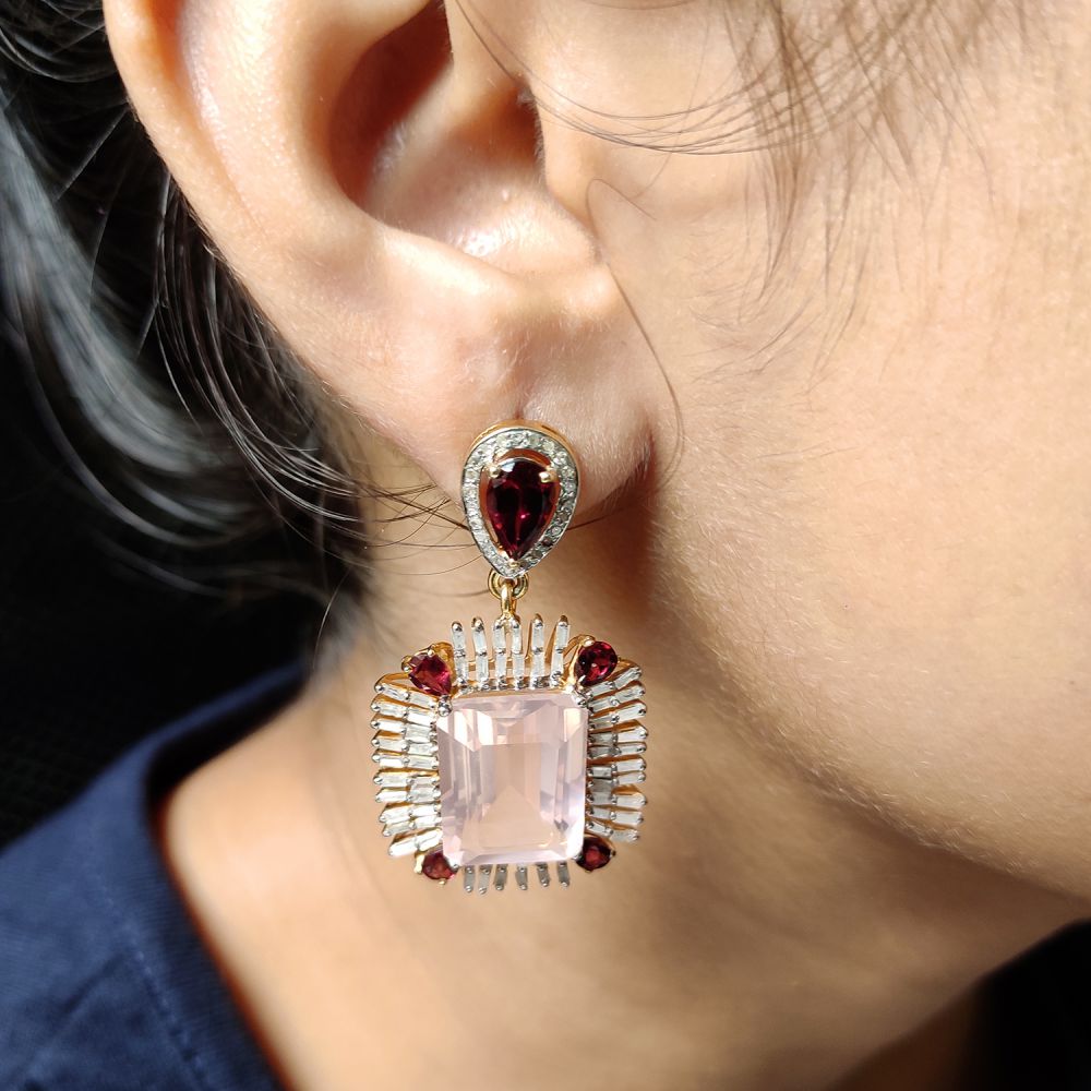 Real 925 Silver Pave Diamond Earrings Rose Quartz Garnet Dangle Earring Supplier