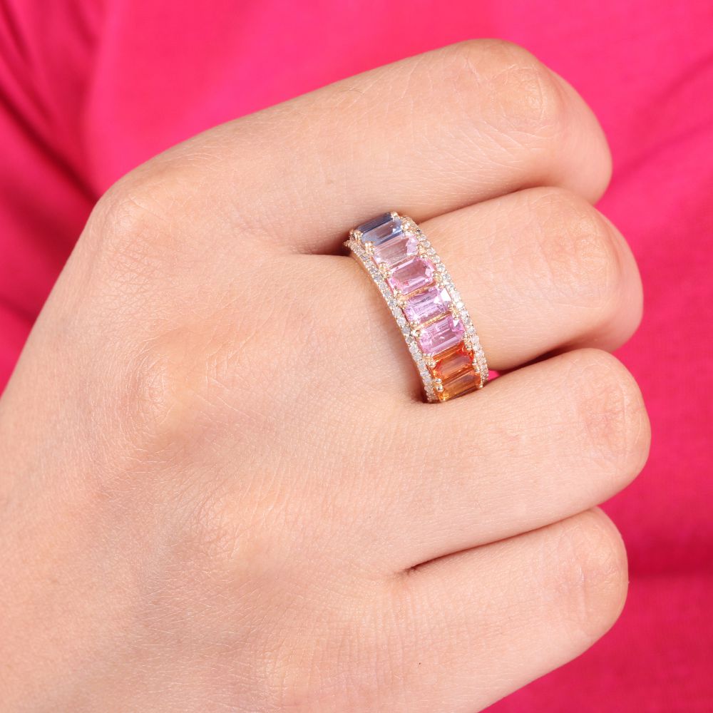 Solid 14K Yellow Gold Natural Pave Diamond Baguette Multi Sapphire Rings Mekar