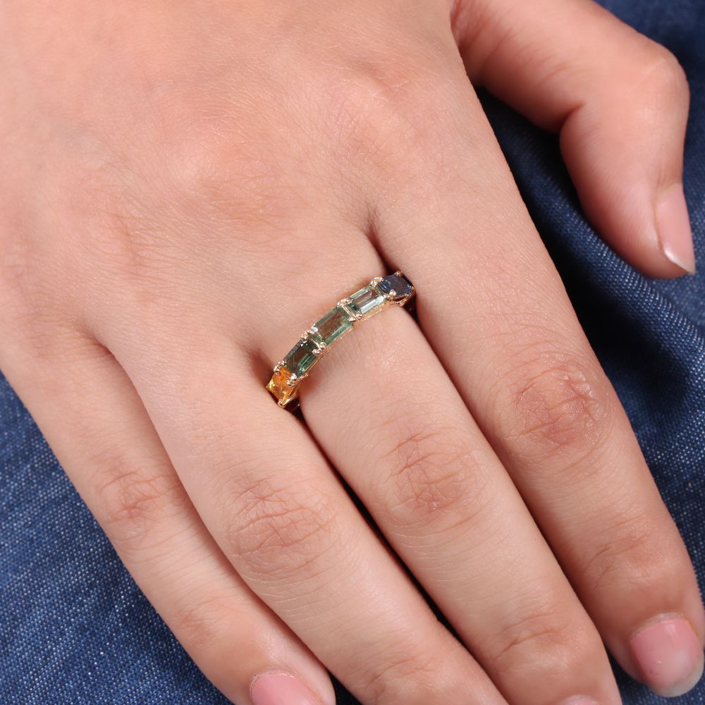 14K Solid Yellow Gold Natural Baguette Shape Multi Sapphire New Rings Mekar