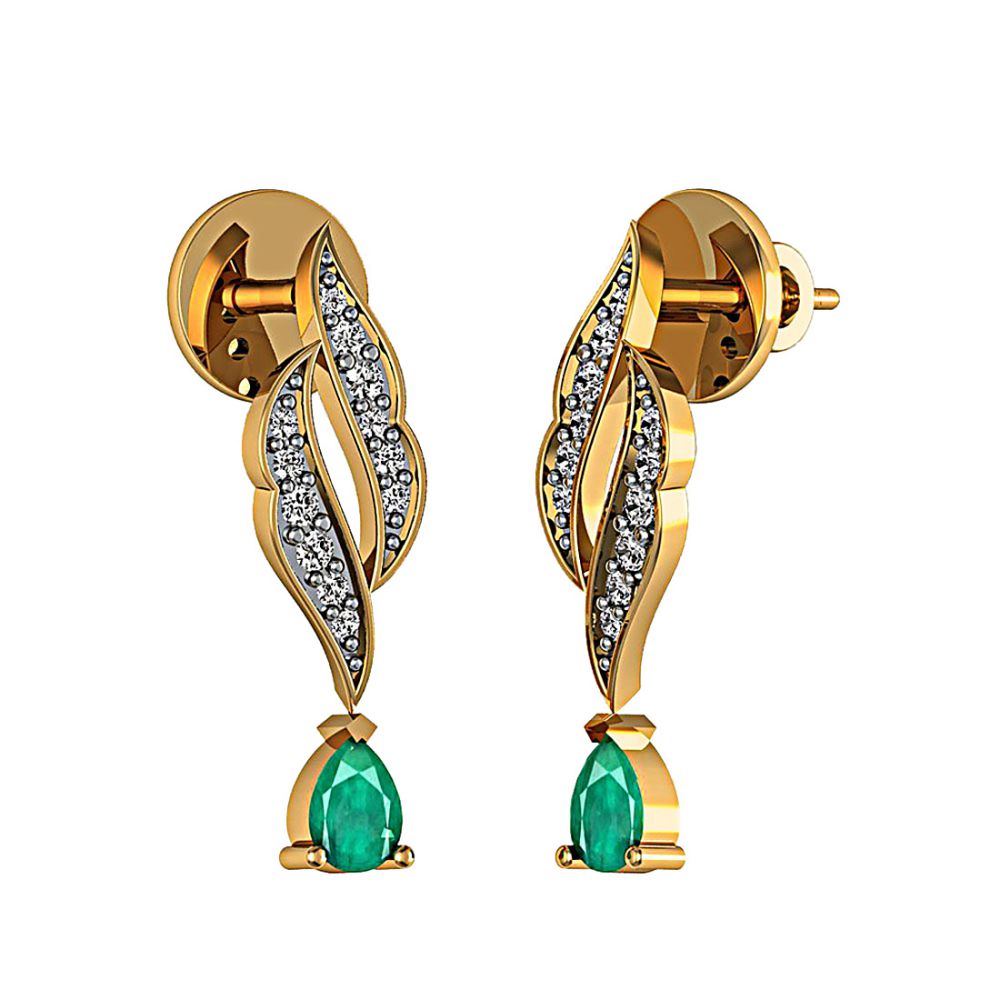 Real Drop Emerald & Pave Diamond 18k Solid Gold Leaf Shape Earrings Exporter