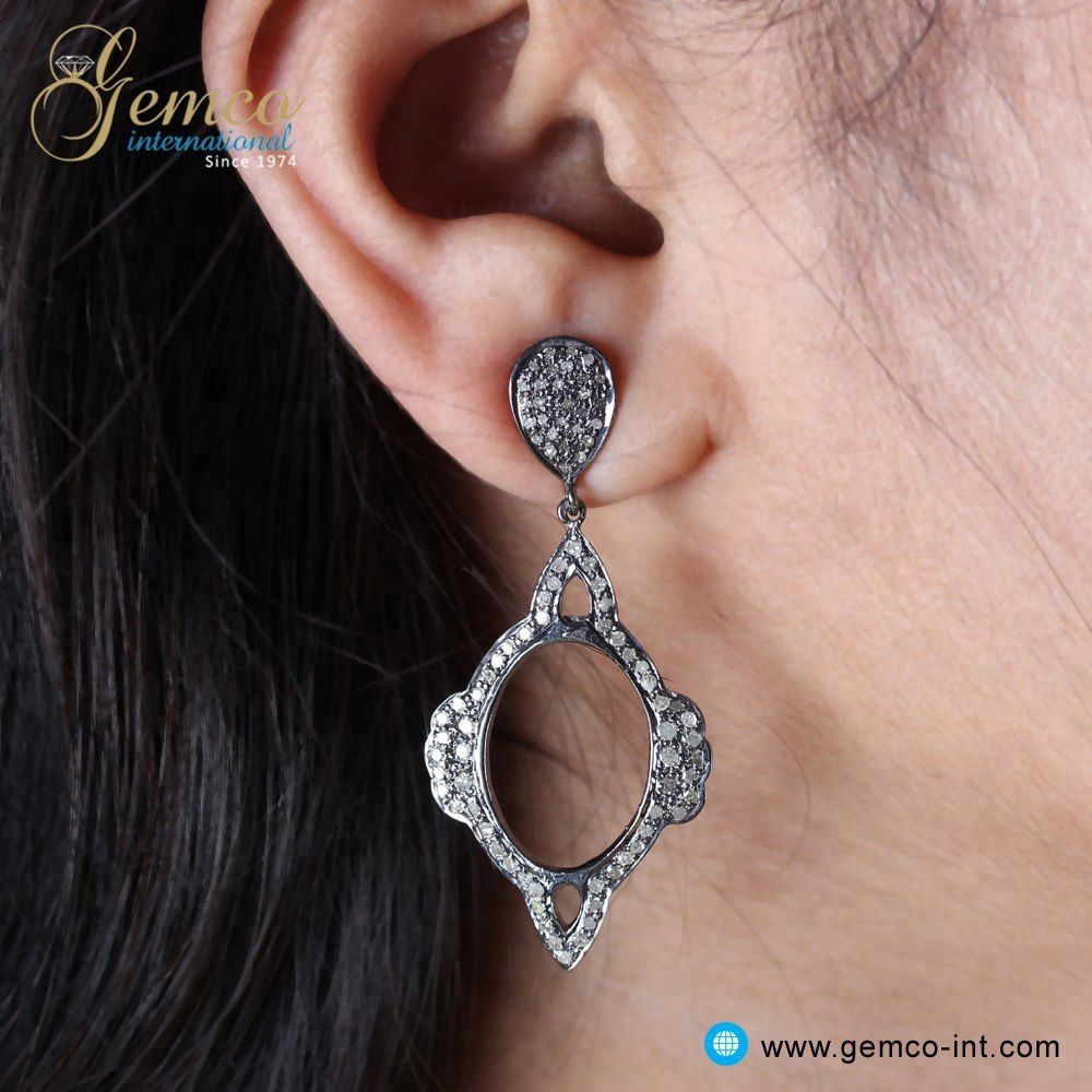 Vintage Style Genuine Pave Diamond Jewelry 925 Sterling Silver Dangle Earrings